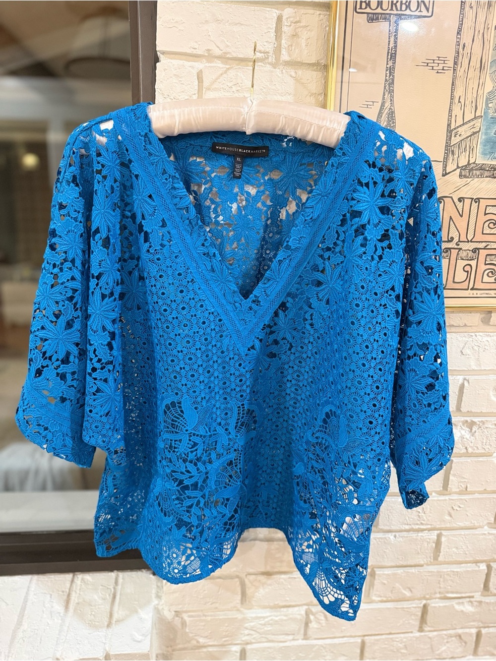 White House Black Market Bright Blue Crochet V-Neck Top